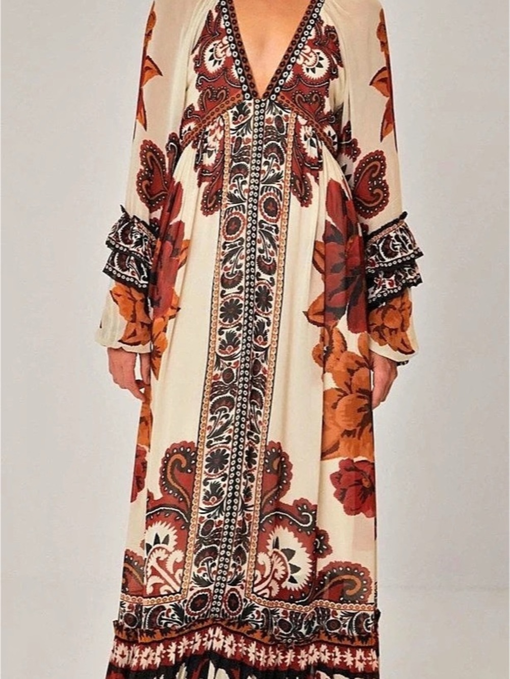 FARM Rio Brown Paisley Bloom Long-Sleeve Maxi-Dress Cream & Red
